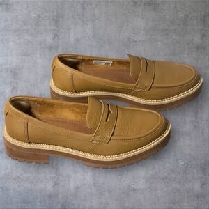 Toms Cara Tan Leather Penny Loafer Shoes Womens 8.5 Lug Sole Platform Comfort